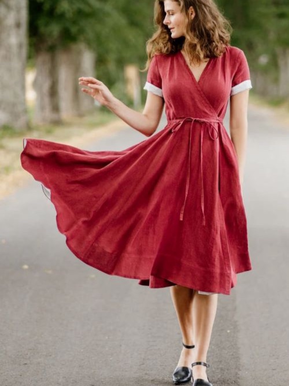 Son de Flor Red Wrap Midi Dress with Tie Waist